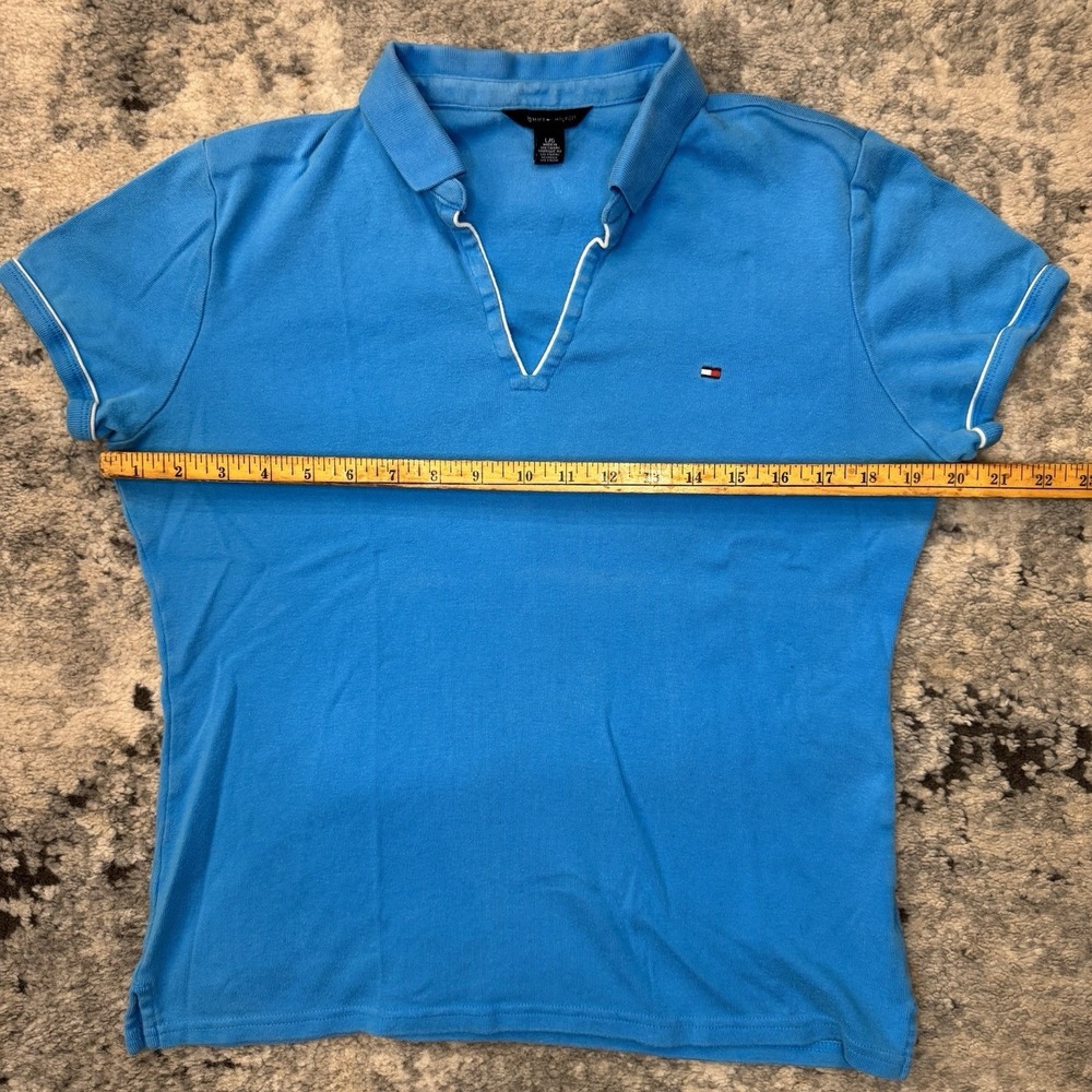 Tommy Hilfiger Womens L Blue Polo Shirt V-Neck Mini Flag Logo Short Sleeve - Picture 6 of 7